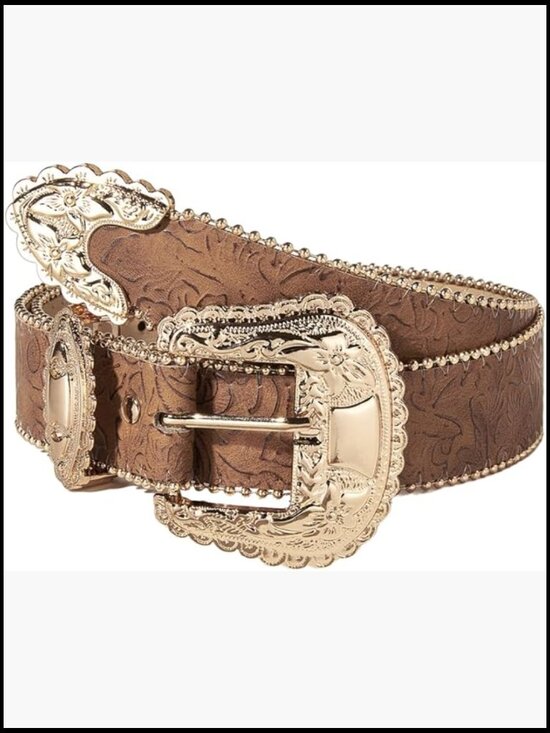 Vintage Western Cowgirl Belt Gold Buckle Floral Faux Leather Waist Accessory main image 4
